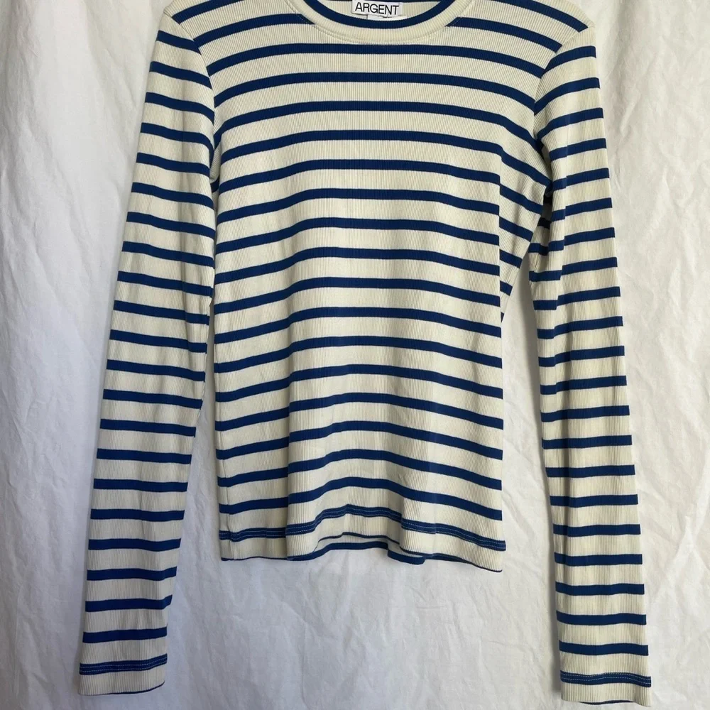 Argent Striped Long Sleeve Crew Neck Top Navy & White Ribbed Knit Capsule Size S